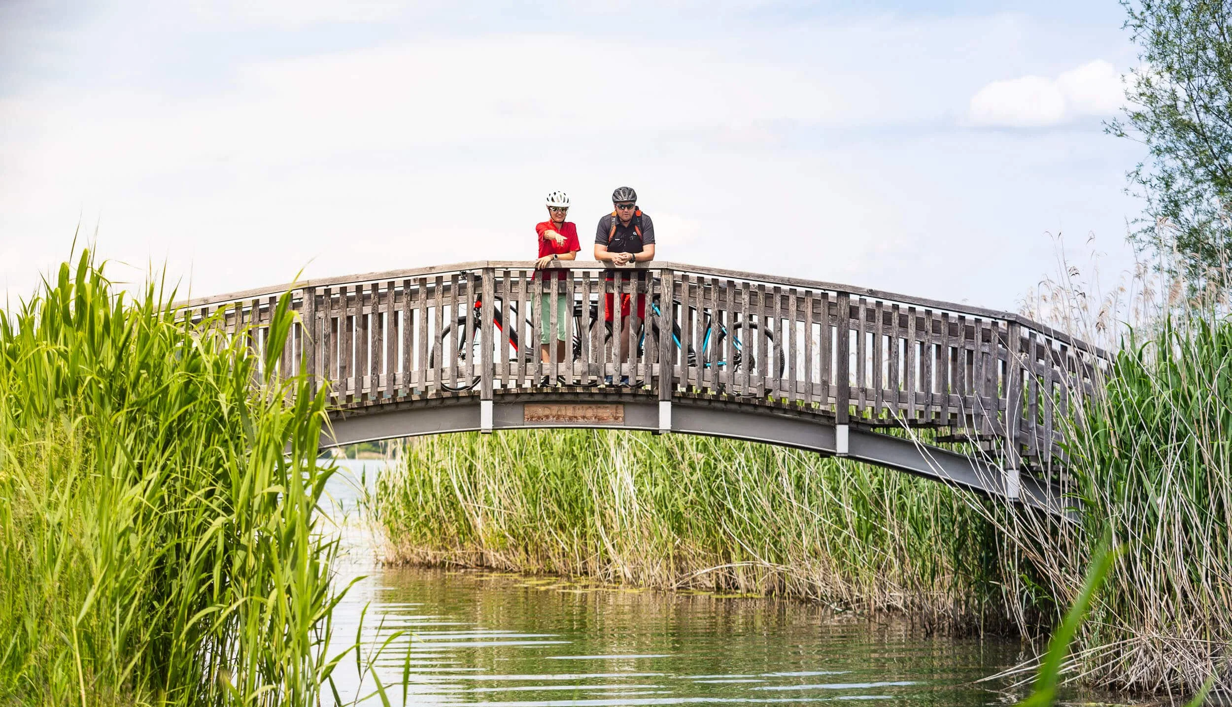 Two cyclists standing on a wooden bridge over a river surrounded by reeds