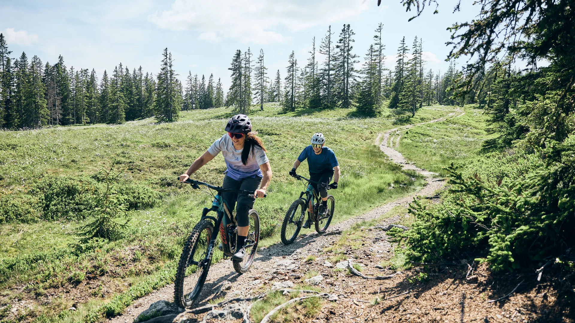 MTS Austria © Tobias Köhler Two people mountain biking on a forest trail under sunny sky