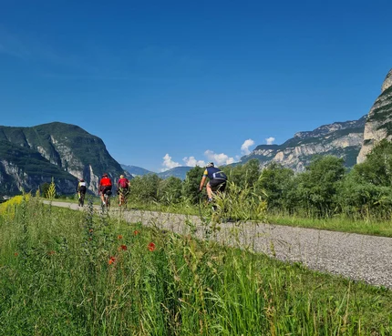 Südtirols Süden © TV Südtirols Süden - Simone Radfahrer auf einem Weg mit Bergen und blauem Himmel im Hintergrund