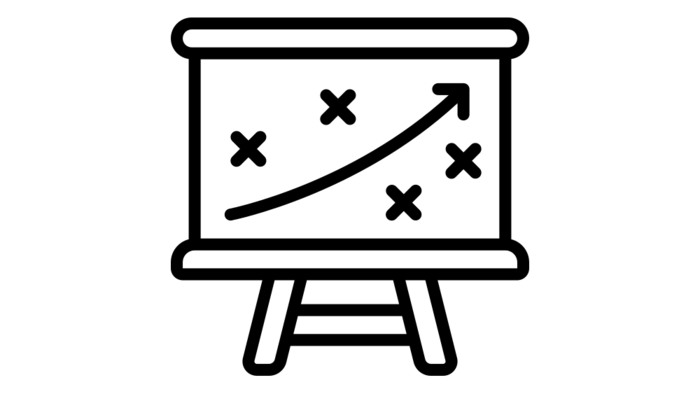 Board showing game strategy with arrow pointing up right