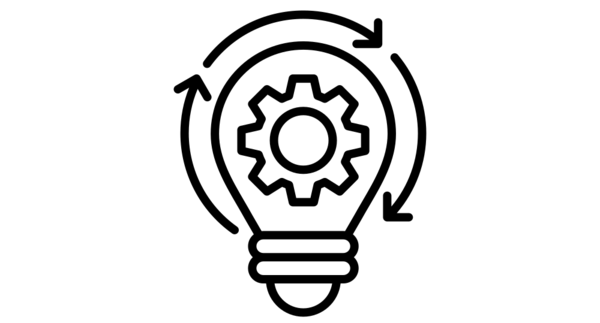 Light bulb with gear and arrows symbolizing innovation and continuous improvement