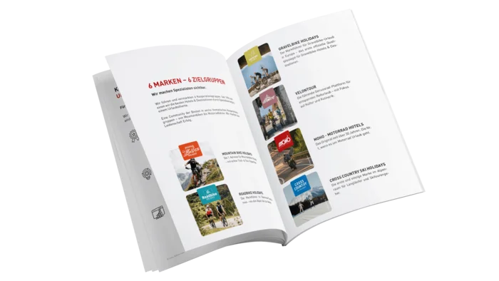 Projects & Case Studies © MTS Austria GmbH Close-up of a brochure showing different vacation themes and activities.