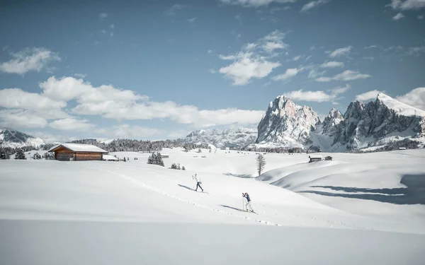 Two skiers in snowy mountain landscape with cabins and peaks
