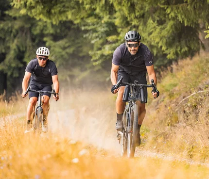 Erzgebirge © TV Erzgebirge - lifecyclemedia.de - Martin Donat Zwei Männer fahren Mountainbikes auf einem Naturweg im Wald