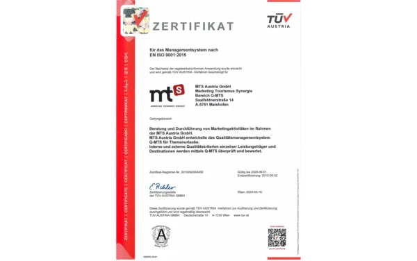 TÜV Austria certificate for quality management EN ISO 9001:2015 for MTS Austria GmbH