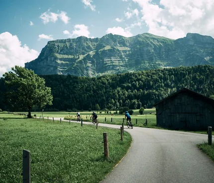 Bregenzerwald © Bregenzerwald Tourismus - Martin Granadia Fahrradfahrer auf Landstraße mit Berg und grünem Feld im Hintergrund