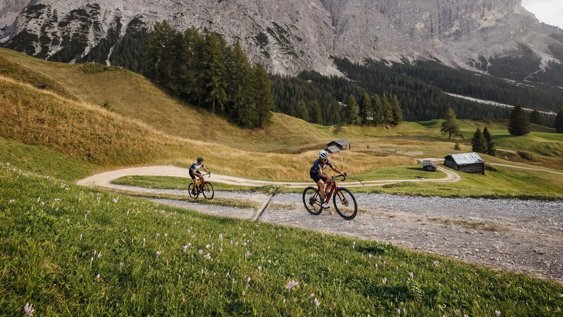 Gravelbike Holidays © Alex Moling Two cyclists on a mountain trail with Alps in the background