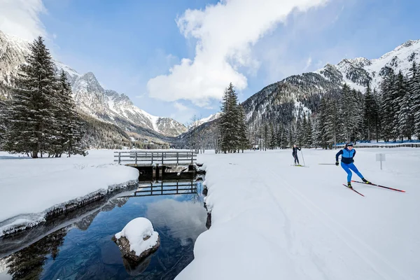 Cross-country skiing & ski touring hotel © Harald Wisthaler Cross-country skiers on snowy winter trail in mountain landscape with forest